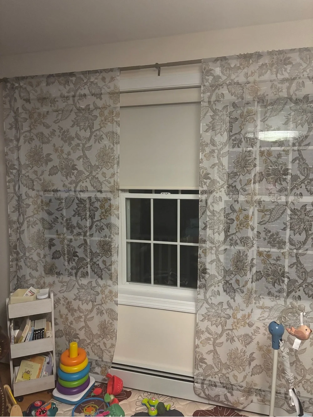 Sheer Floral Window Curtain Panel Set in Beige and Gray